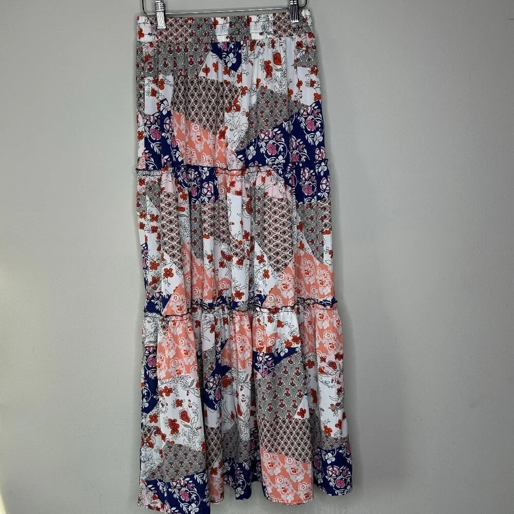 Womens Patchwork Blue White and Pink Tiered Maxi Skirt Size Small Boho Hippie - Picture 4 of 9